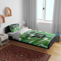 Green football bedding set with palm pattern and 'YOUR TEXT 10' print on duvet cover