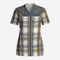 Vintage Western Flowers Yoke Shirt Style Scrub Top Gingham - Wonder Print Shop