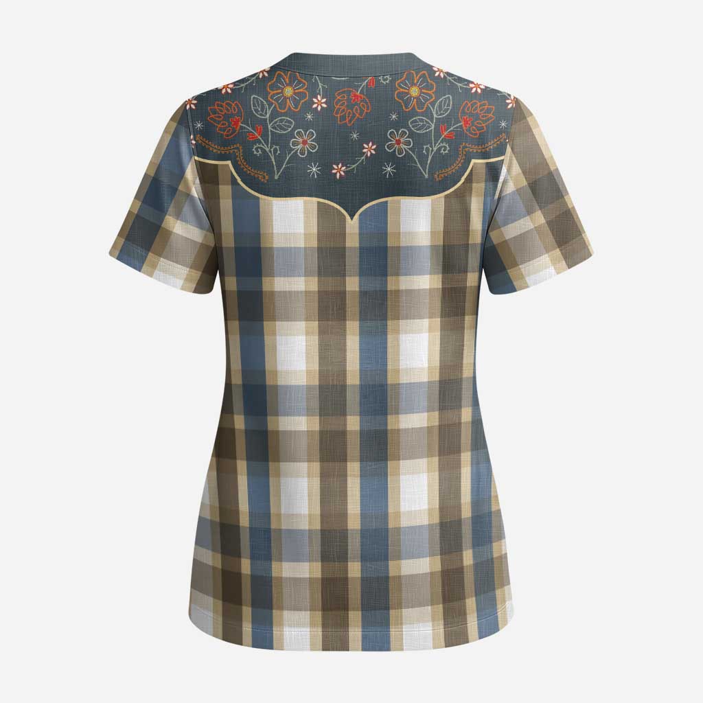 Vintage Western Flowers Yoke Shirt Style Scrub Top Gingham - Wonder Print Shop