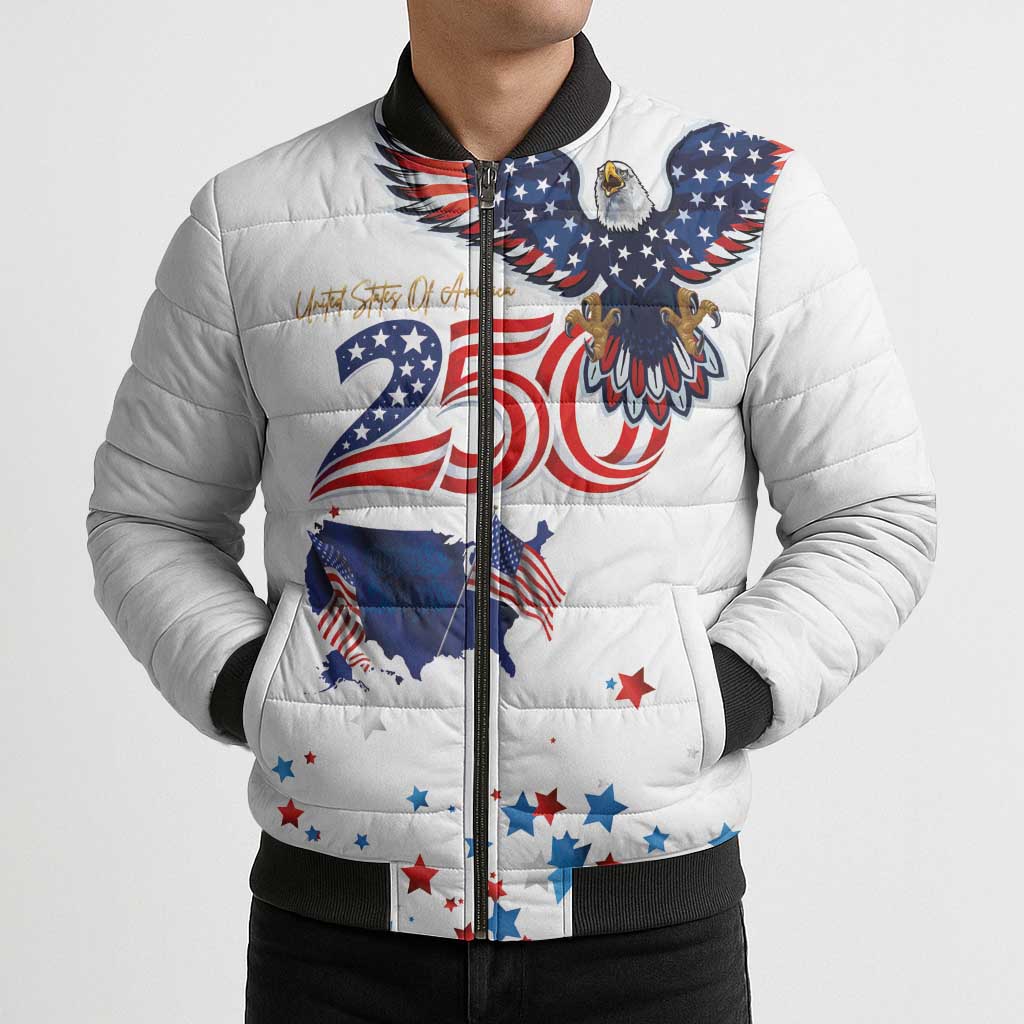 250 Years of American Freedom Bomber Puffer Jacket Flag Bald Eagle and Map