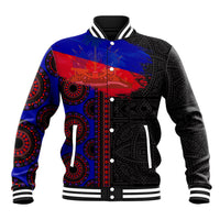 Black varsity baseball jacket with blue/red front graphic, snap-button placket and striped ribbing