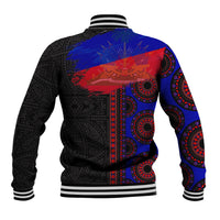 Black varsity baseball jacket with black geometric pattern and blue/red graphic on back