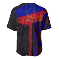 Black baseball jersey with blue upper panel, red strip, and geometric paisley patterns