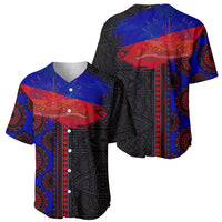 Black baseball jersey with blue-and-red diagonal band, front button placket, and patterned sleeves