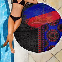 Round fringed beach blanket, black, blue, and red seamless pattern by the pool
