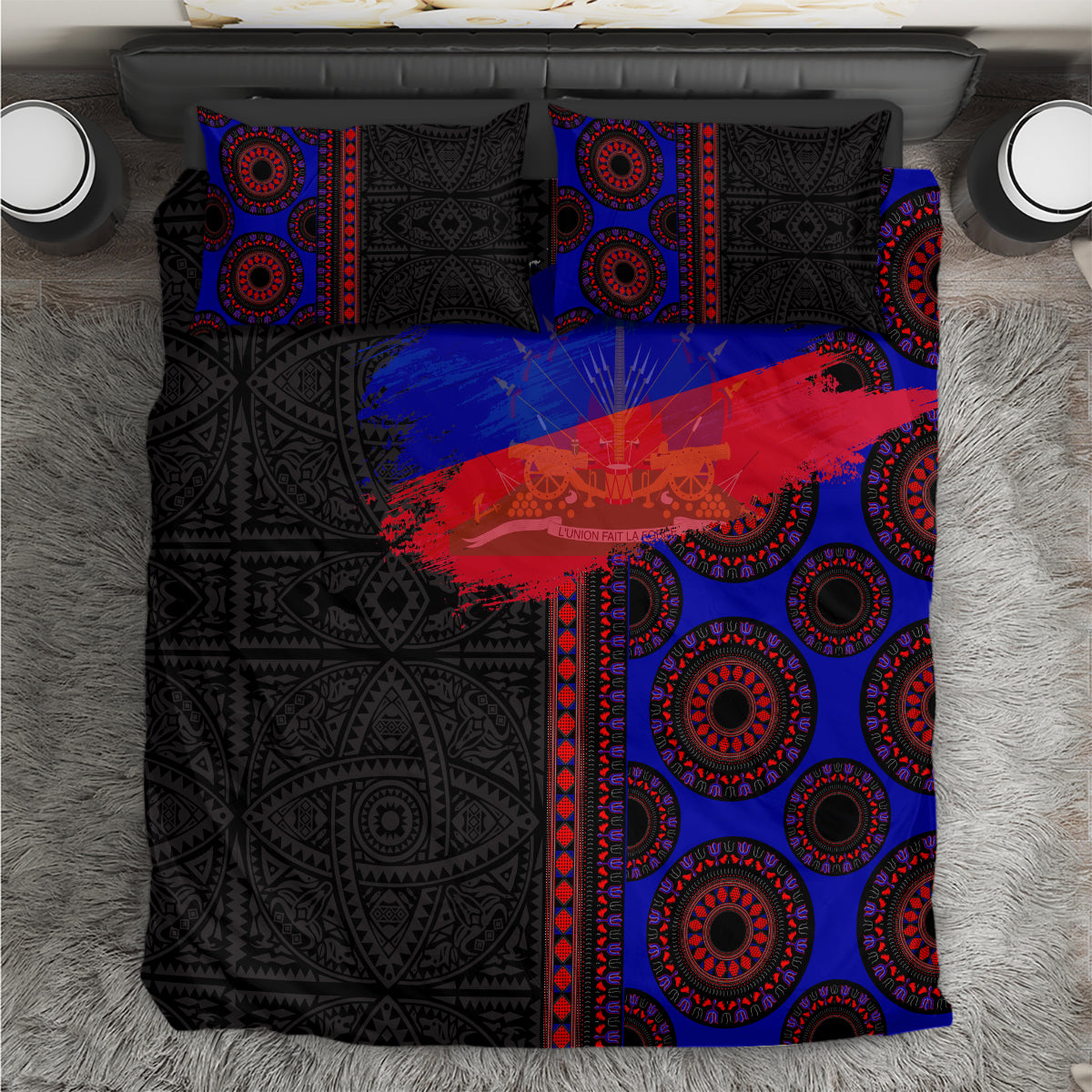 Black, blue, and red patterned bedding set with circular and tribal-style motifs