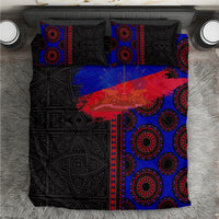 Black, blue, and red patterned bedding set with circular and tribal-style motifs