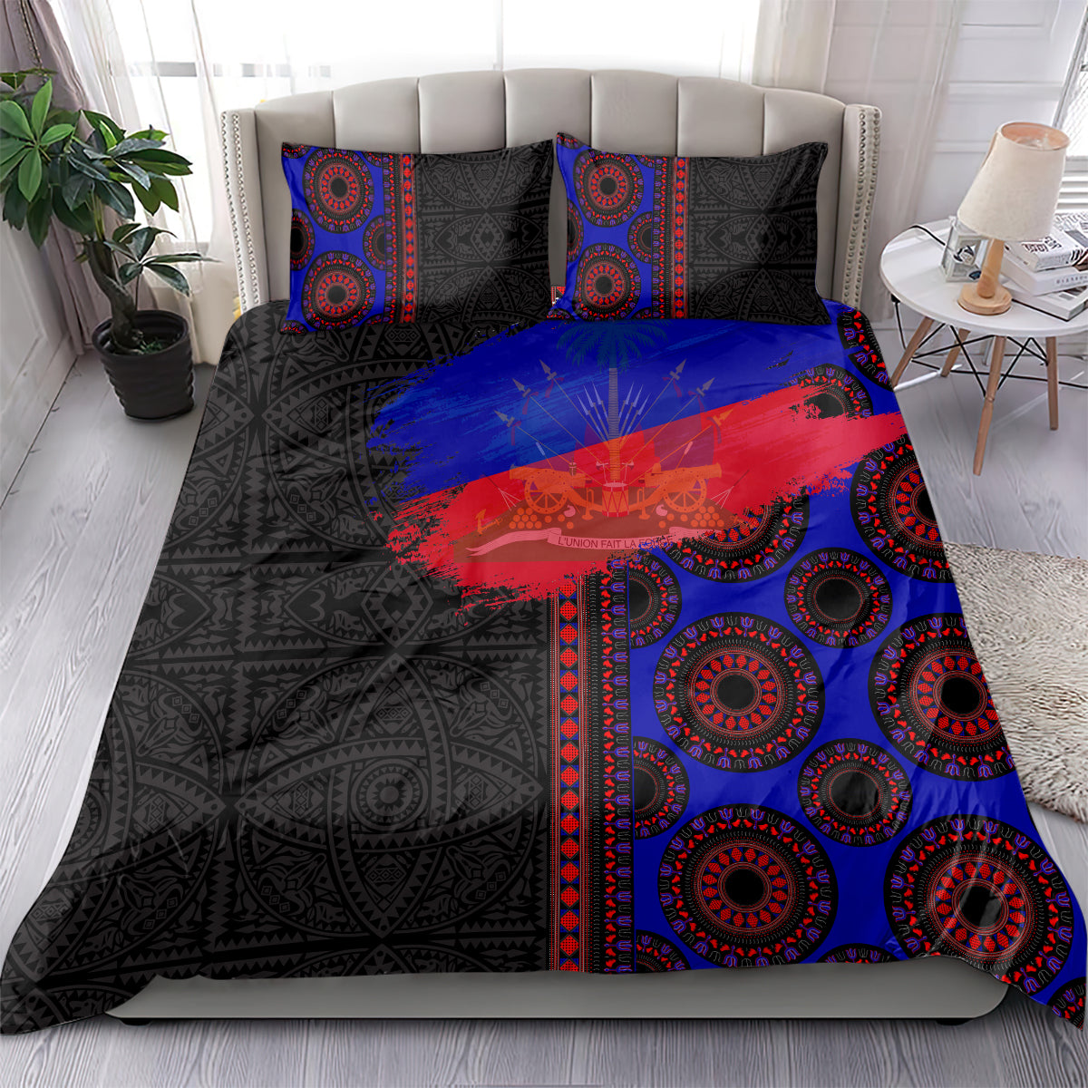Bed bedding set with two pillowcases and black, blue, red patterned duvet
