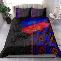 Bed bedding set with two pillowcases and black, blue, red patterned duvet