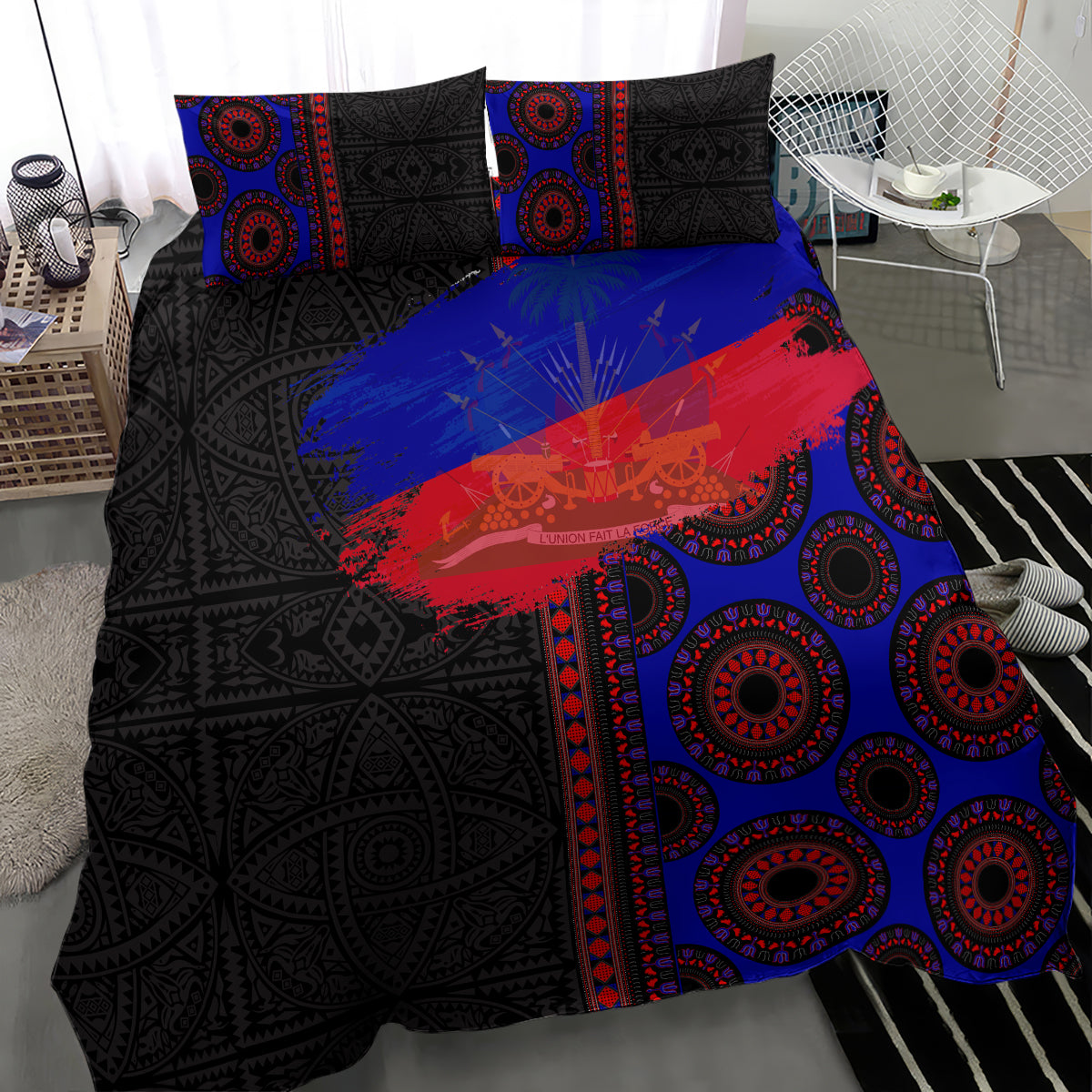 Bed bedding set with duvet and two pillowcases in black, blue, and red decorative pattern