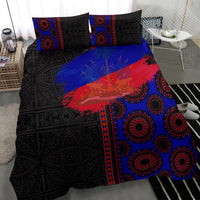 Bed bedding set with duvet and two pillowcases in black, blue, and red decorative pattern