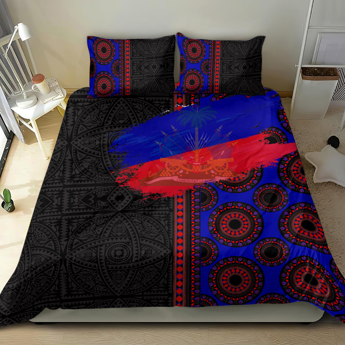 Black, blue, and red patterned bedding set with duvet and two matching pillowcases
