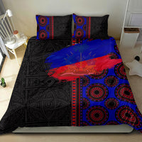 Black, blue, and red patterned bedding set with duvet and two matching pillowcases