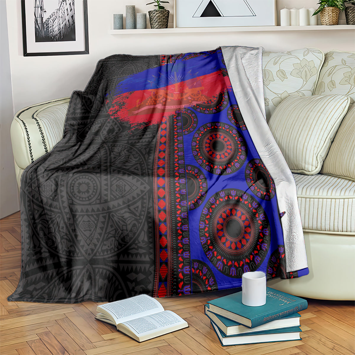 Black, blue, and red patterned seamless blanket draped over a sofa arm