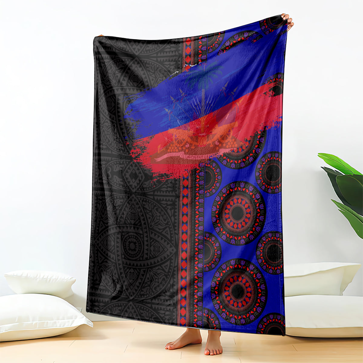 Seamless woven blanket with black, blue, and red flag-style pattern, laid flat