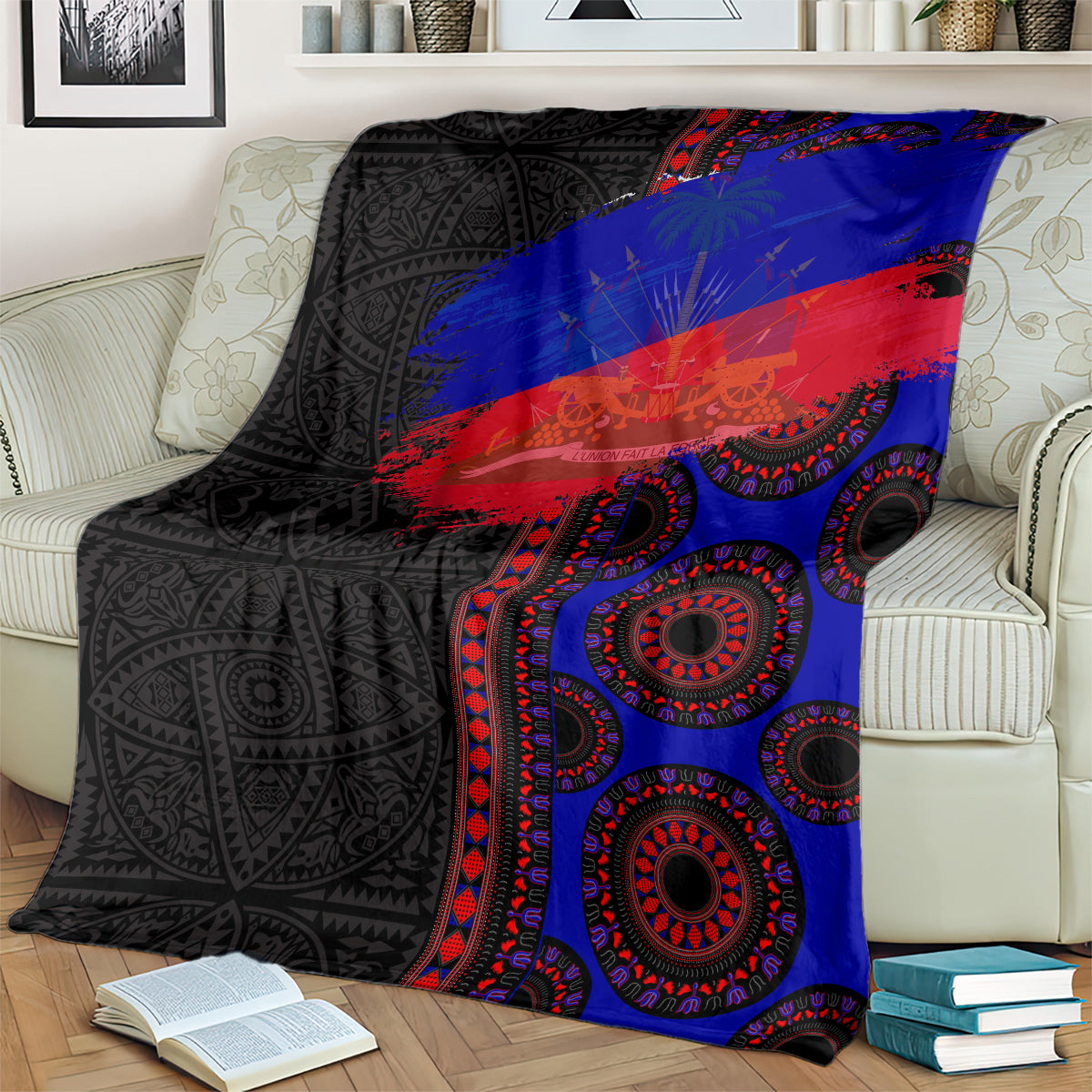 Black, blue, and red seamless blanket with bold stripe and circular designs