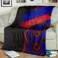 Black, blue, and red seamless blanket with bold stripe and circular designs