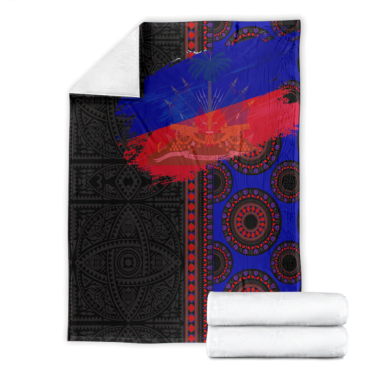 Seamless blanket with black and blue field and red circular motifs, stacked with towels