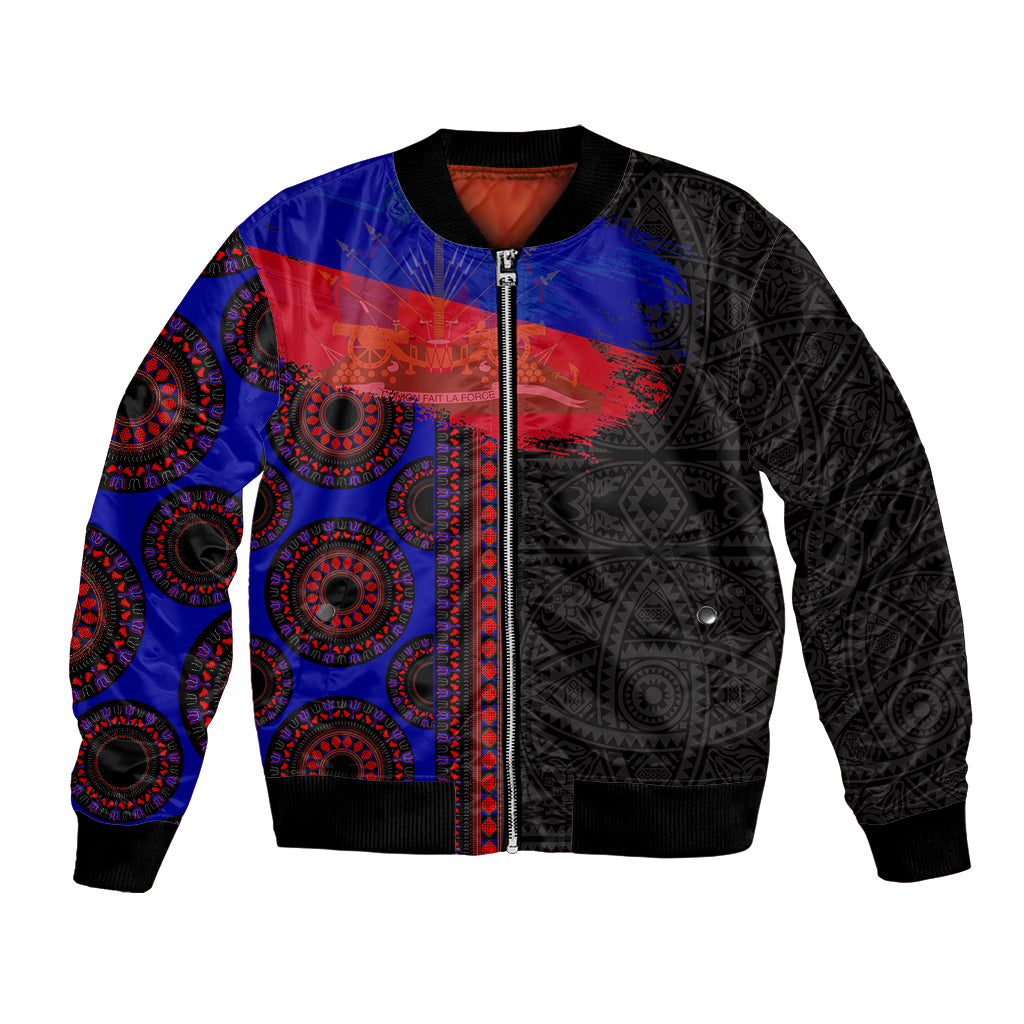 Unisex bomber jacket with full-zip front, black base with blue and red circular pattern