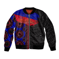 Unisex bomber jacket with full-zip front, black base with blue and red circular pattern