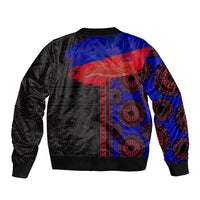 Unisex bomber jacket, black base with blue and red circular pattern, ribbed cuffs