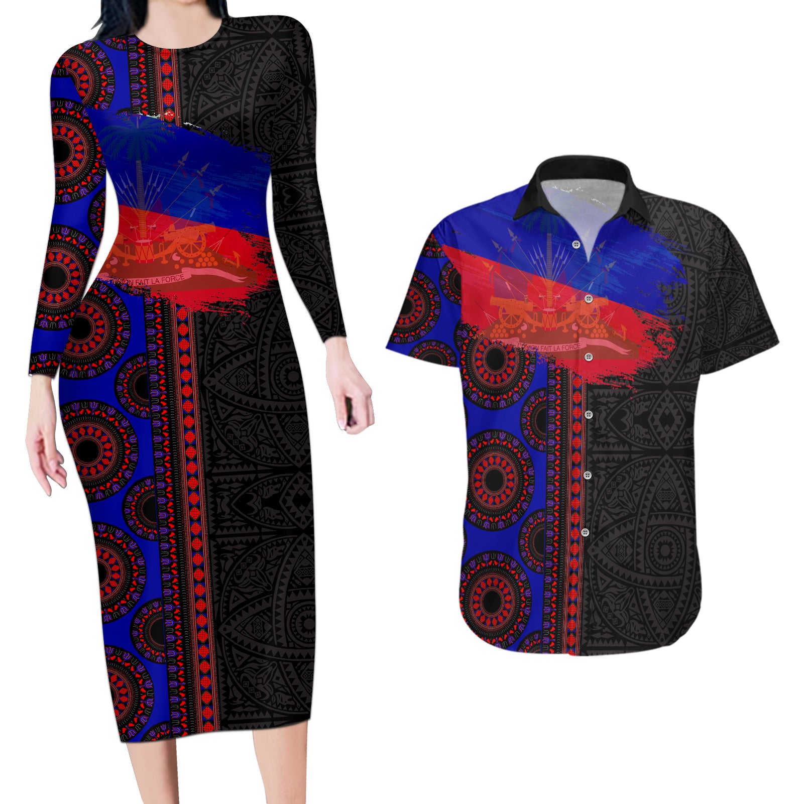 Haiti Flag Day African Seamless Pattern Couples Matching Long Sleeve Bodycon Dress and Hawaiian Shirt - Wonder Print Shop