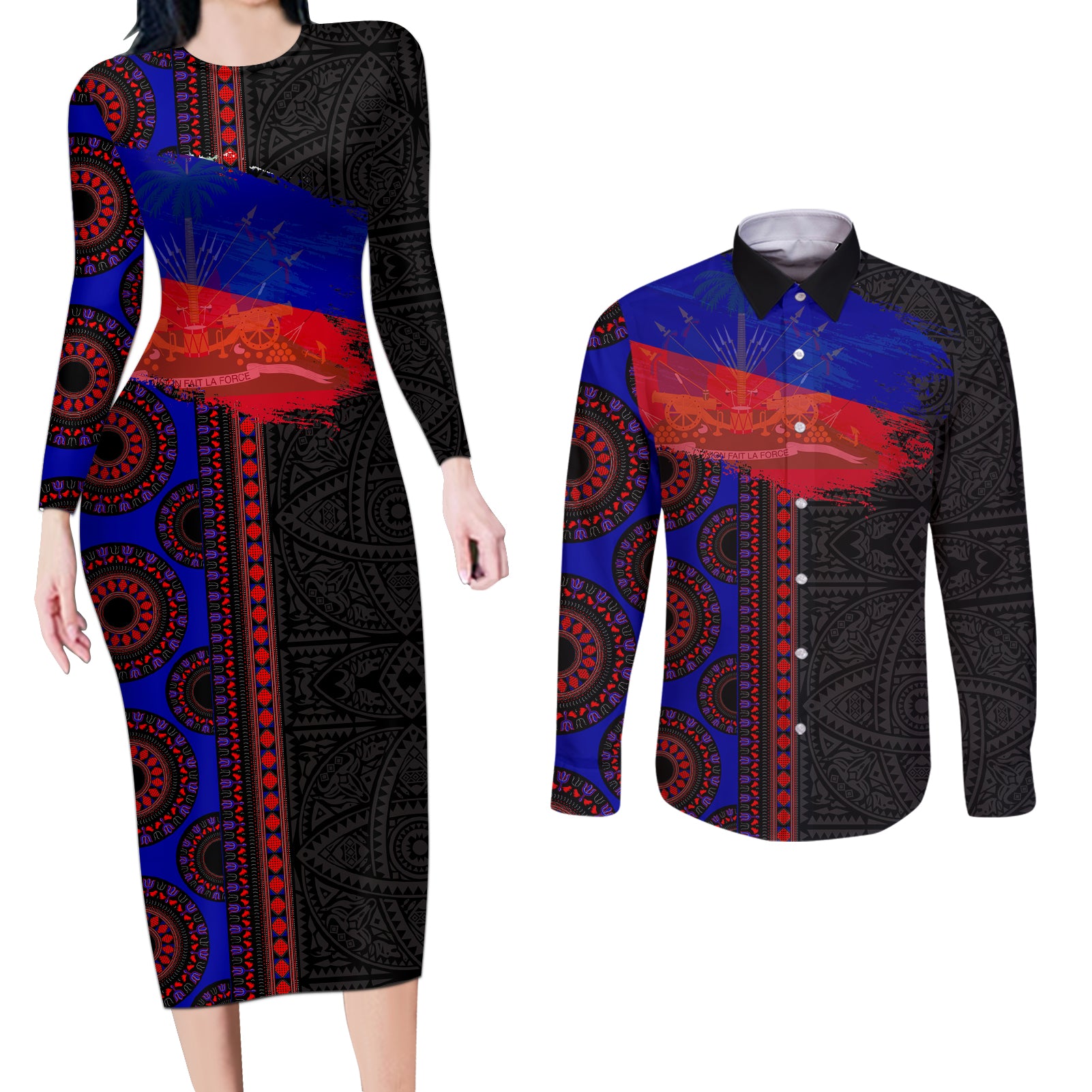 Haiti Flag Day African Seamless Pattern Couples Matching Long Sleeve Bodycon Dress and Long Sleeve Button Shirt - Wonder Print Shop