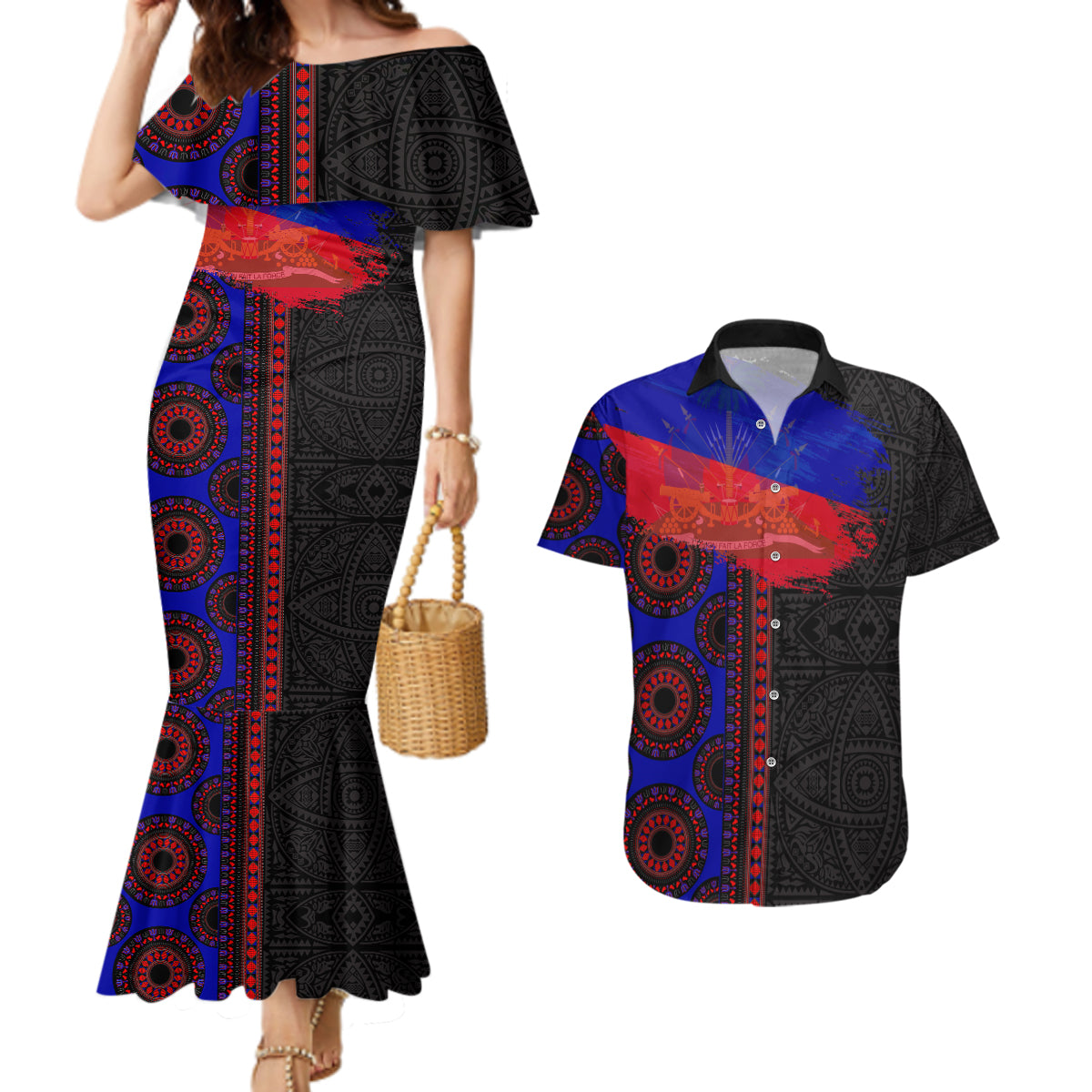 Haiti Flag Day African Seamless Pattern Couples Matching Mermaid Dress and Hawaiian Shirt - Wonder Print Shop