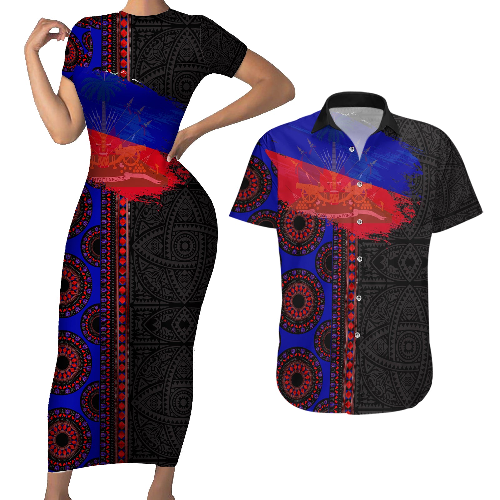 Haiti Flag Day African Seamless Pattern Couples Matching Short Sleeve Bodycon Dress and Hawaiian Shirt - Wonder Print Shop