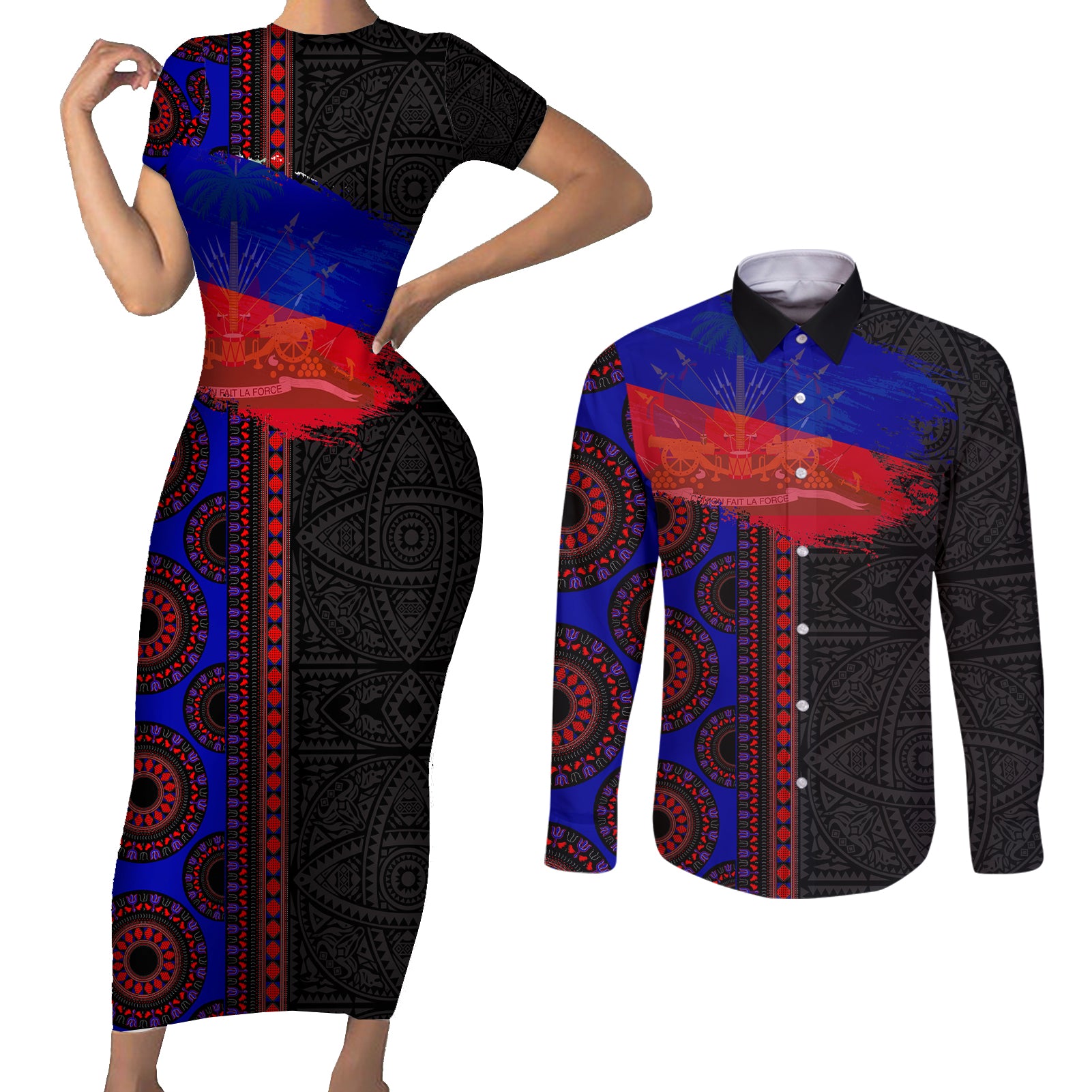 Haiti Flag Day African Seamless Pattern Couples Matching Short Sleeve Bodycon Dress and Long Sleeve Button Shirt - Wonder Print Shop