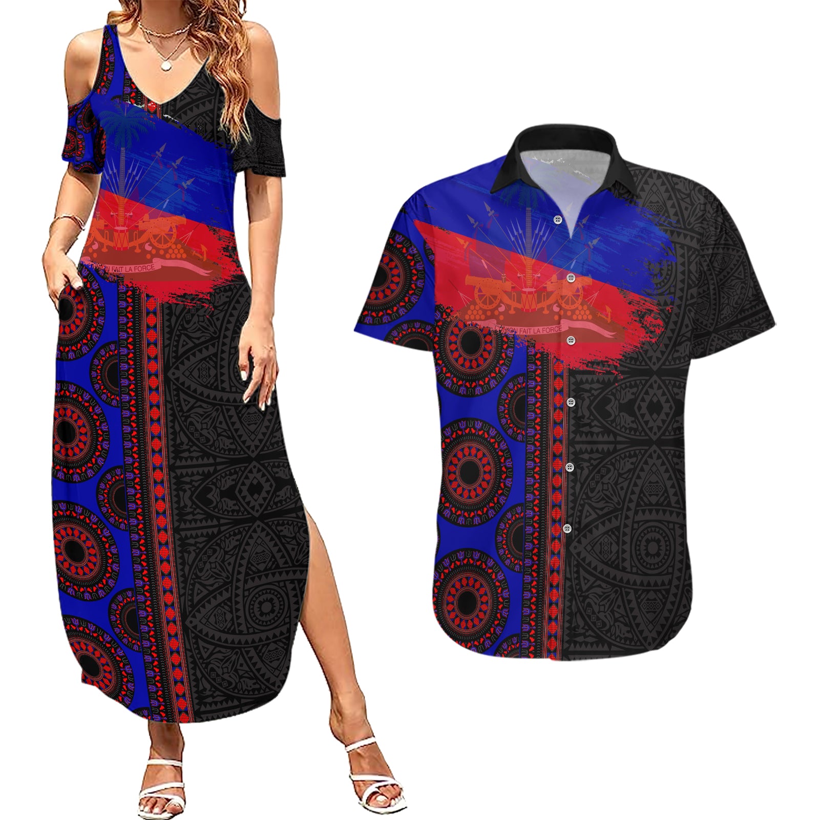 Haiti Flag Day African Seamless Pattern Couples Matching Summer Maxi Dress and Hawaiian Shirt - Wonder Print Shop