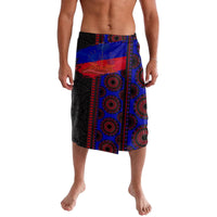 African lavalava wrap skirt with black, blue, red circular patterned design