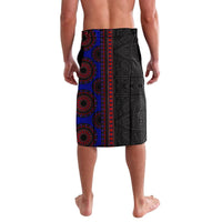 African lavalava wrap skirt, black side with blue red circle and stripe pattern