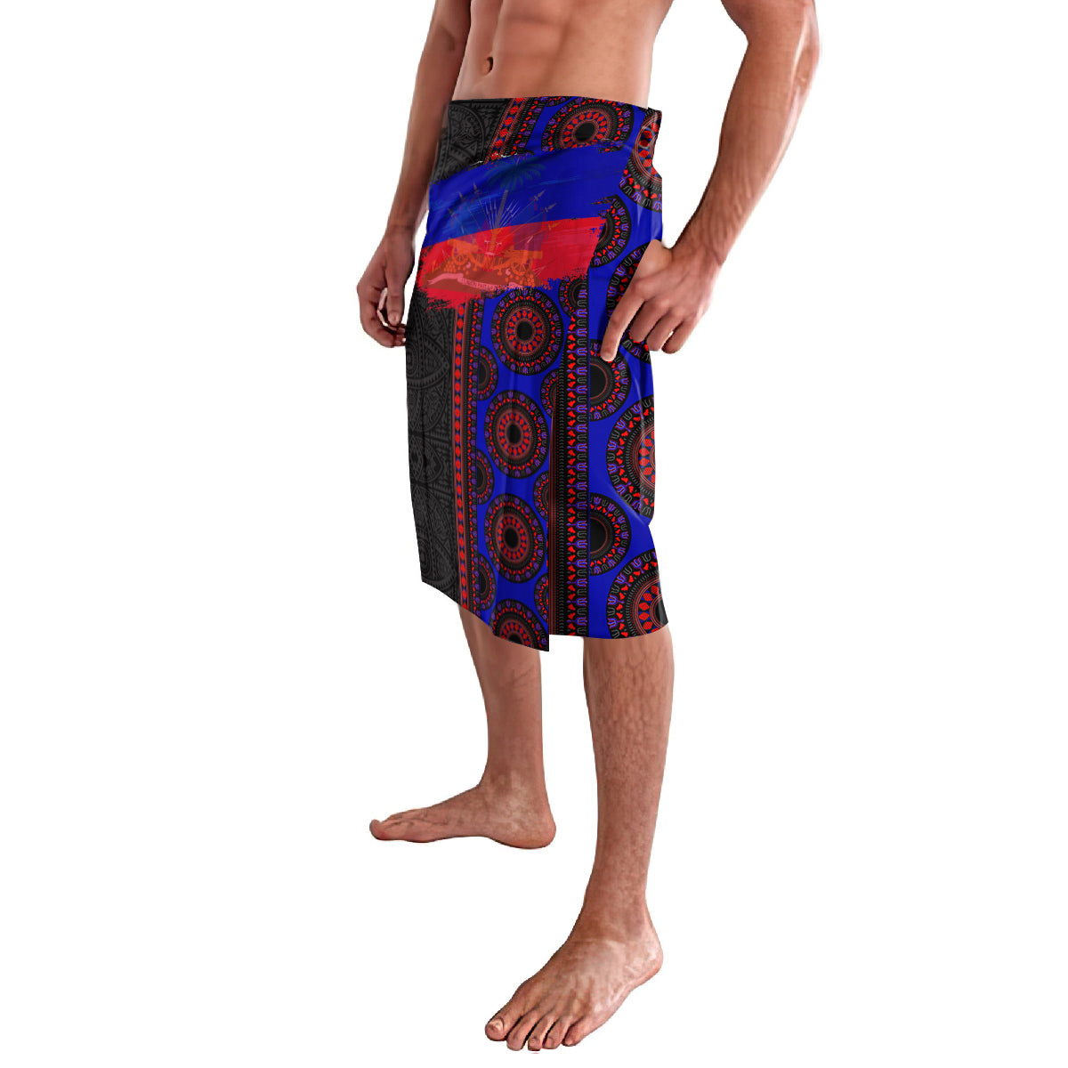 African lavalava wrap skirt featuring blue red medallion motifs on black background