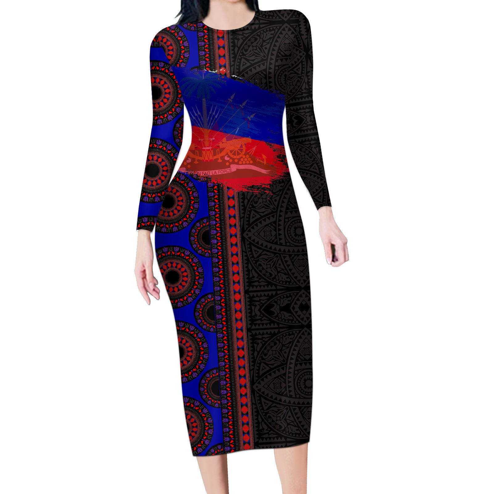 Haiti Flag Day African Seamless Pattern Long Sleeve Bodycon Dress - Wonder Print Shop