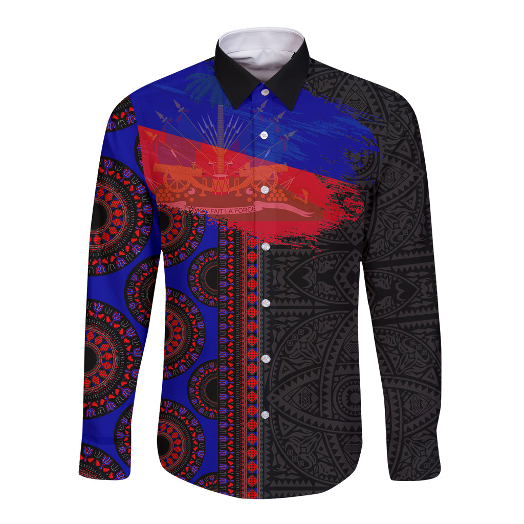 Haiti Flag Day African Seamless Pattern Long Sleeve Button Shirt - Wonder Print Shop