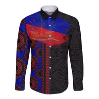 Black long-sleeve button shirt with blue-red graphic tribal pattern