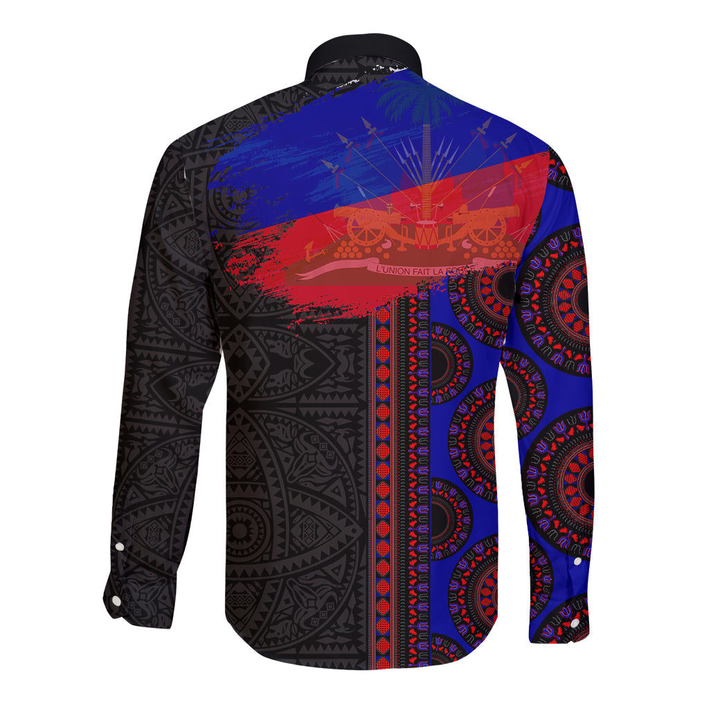 Back view long-sleeve button shirt, black with blue-red graphic and ornate motif