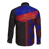 Back view long-sleeve button shirt, black with blue-red graphic and ornate motif