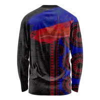 Unisex long-sleeve crewneck shirt, black with blue red flag-style graphic and ornate pattern