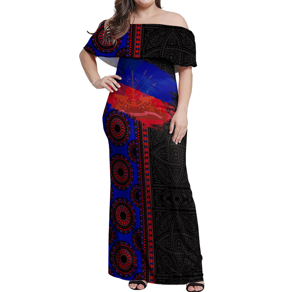 Haiti Flag Day African Seamless Pattern Off Shoulder Maxi Dress - Wonder Print Shop