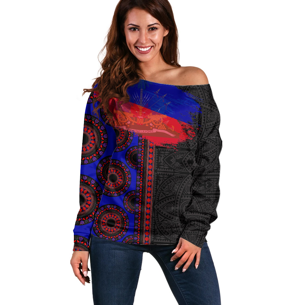 Haiti Flag Day African Seamless Pattern Off Shoulder Sweater - Wonder Print Shop