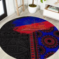Round area rug with bold black, red, and blue seamless tribal pattern