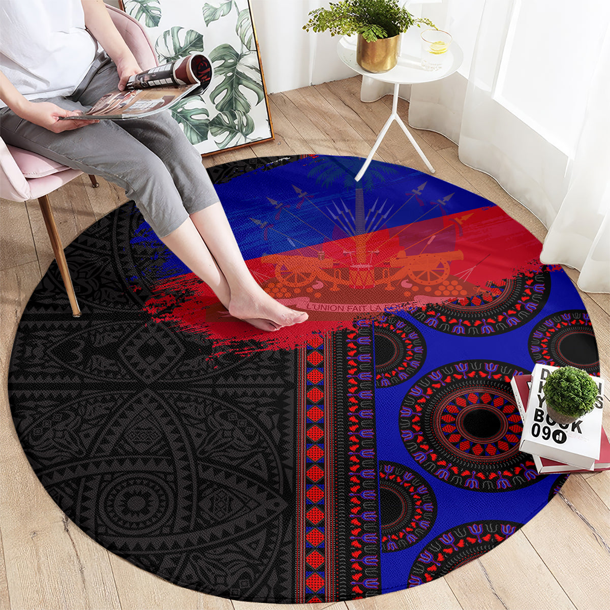 Round area rug with black tribal motifs and red-blue circular medallion design