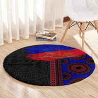 Round area rug with black, red, and blue seamless pattern for indoor floors