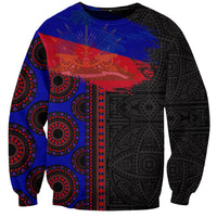 Unisex crewneck sweatshirt, black with bold blue and red graphic tribal pattern