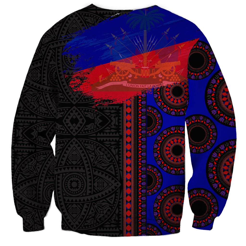 Unisex crewneck sweatshirt, black with blue and red top band and circular tribal motifs