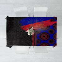 Square tablecloth with black, blue, and red seamless pattern and circular motifs