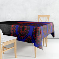 Rectangular tablecloth draped on a bench table, black, blue, and red patterned design