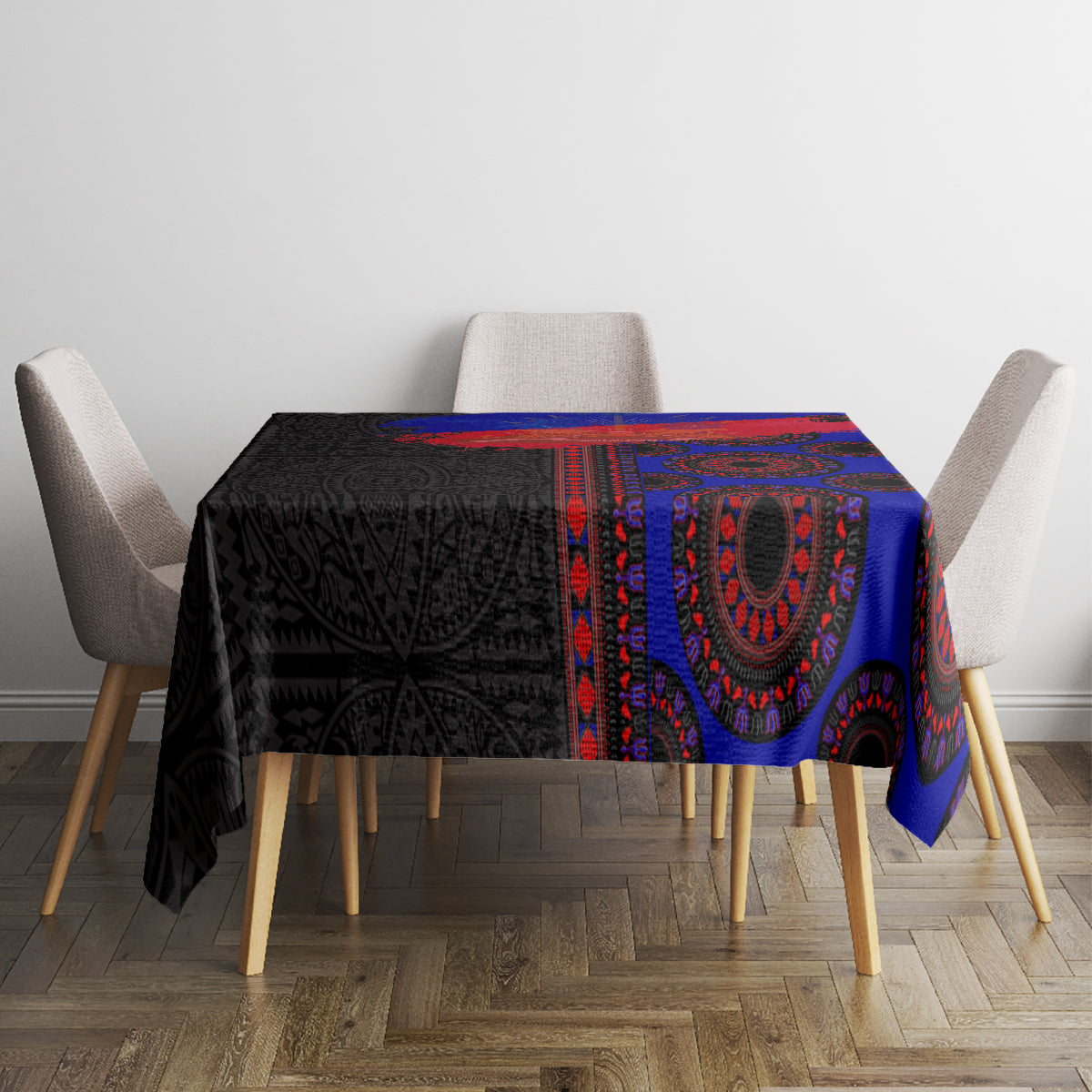 Square tablecloth with black and blue base, red circular ornamental seamless pattern